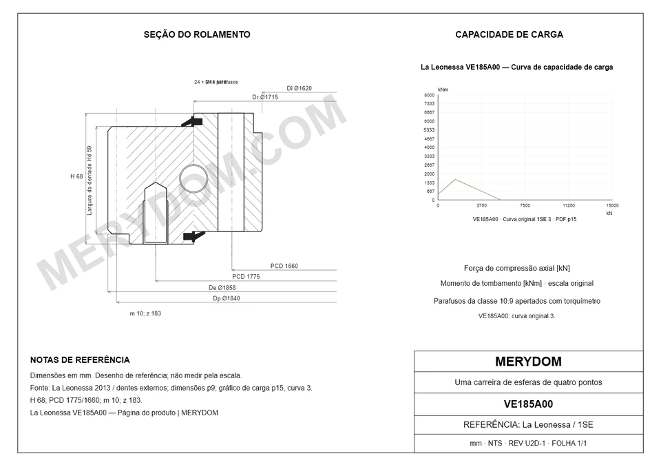 Desenho CAD do rolamento de giro de substituição MERYDOM para La Leonessa VE185A00, com dimensões e furos de montagem.