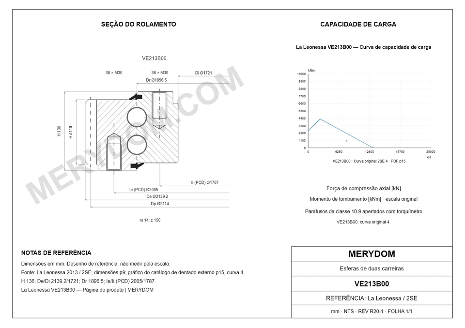 Desenho CAD do rolamento de giro de substituição MERYDOM para La Leonessa VE213B00, com dimensões e furos de montagem.