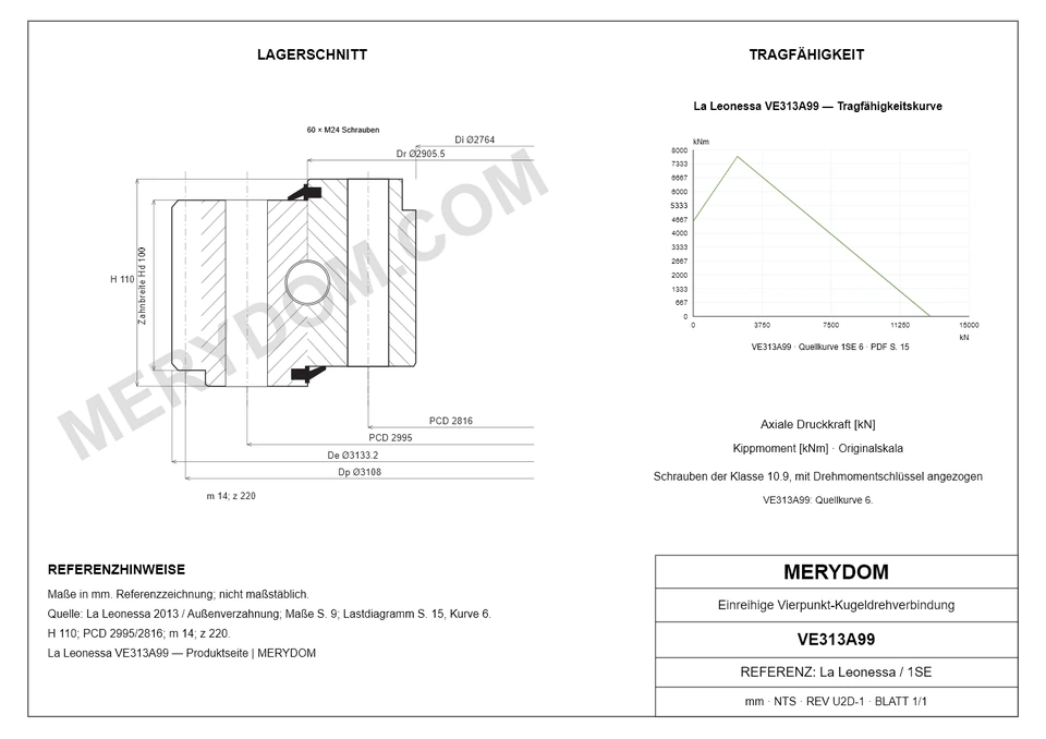 CAD-Zeichnung des MERYDOM-Ersatzdrehkranzes für La Leonessa VE313A99 mit Abmessungen und Befestigungsbohrungen.