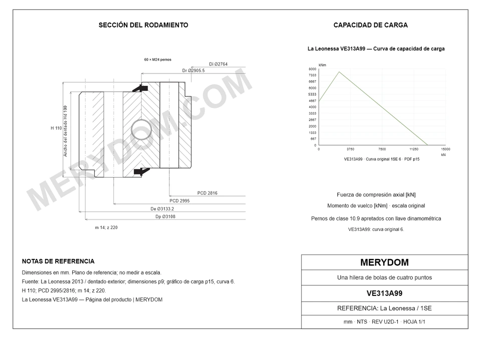 Plano CAD de la corona de giro de sustitución MERYDOM para La Leonessa VE313A99, con dimensiones y orificios de montaje.