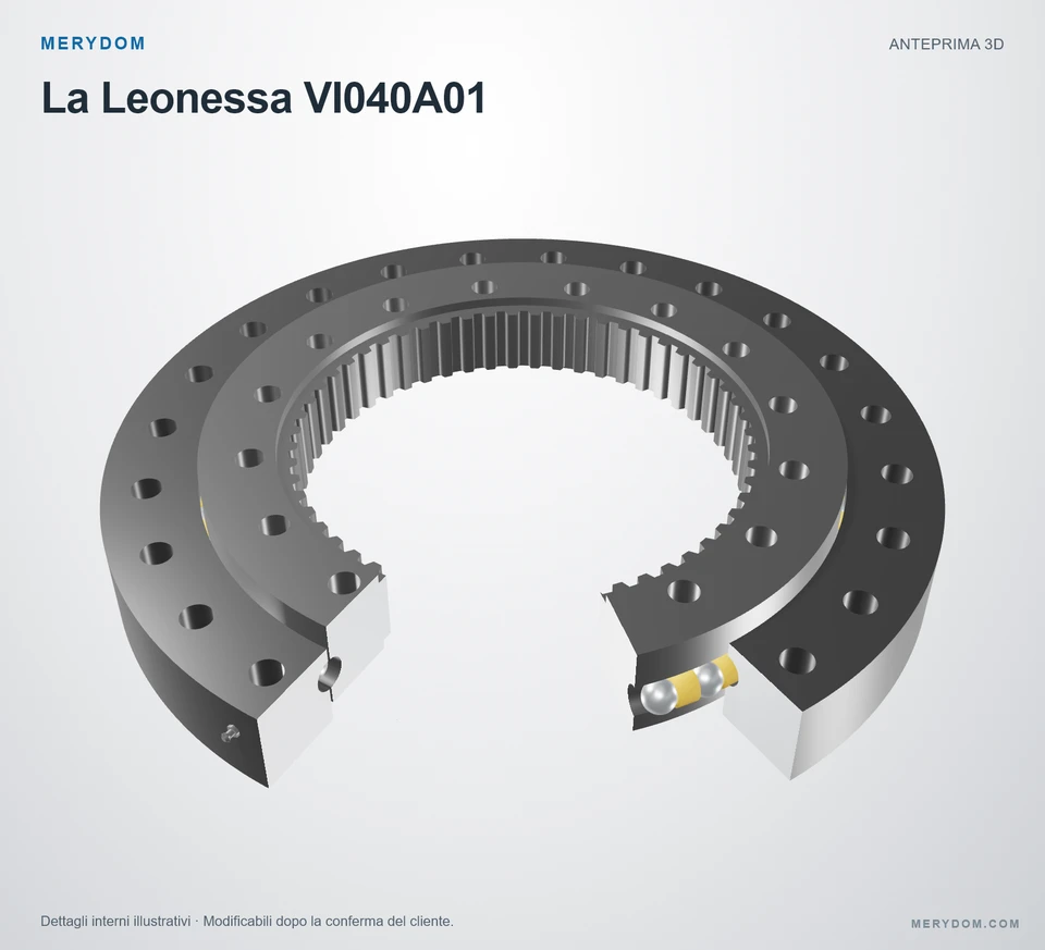 Anteprima del modello 3D del cuscinetto di rotazione sostitutivo MERYDOM per La Leonessa VI040A01.