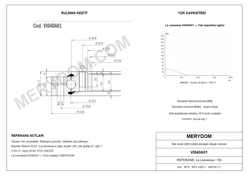 La Leonessa VI040A01 için MERYDOM muadil döner tabla rulmanının ölçüleri ve montaj deliklerini gösteren CAD çizimi.