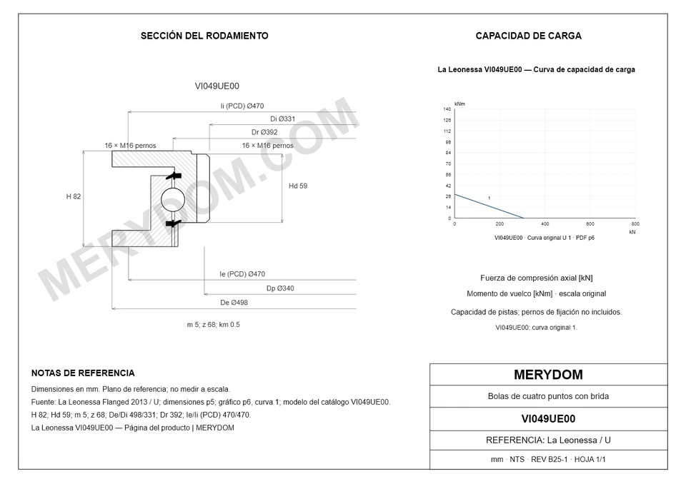 Plano CAD de la corona de giro de sustitución MERYDOM para La Leonessa VI049UE00, con dimensiones y orificios de montaje.