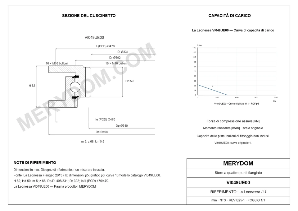 Disegno CAD del cuscinetto di rotazione sostitutivo MERYDOM per La Leonessa VI049UE00, con dimensioni e fori di montaggio.