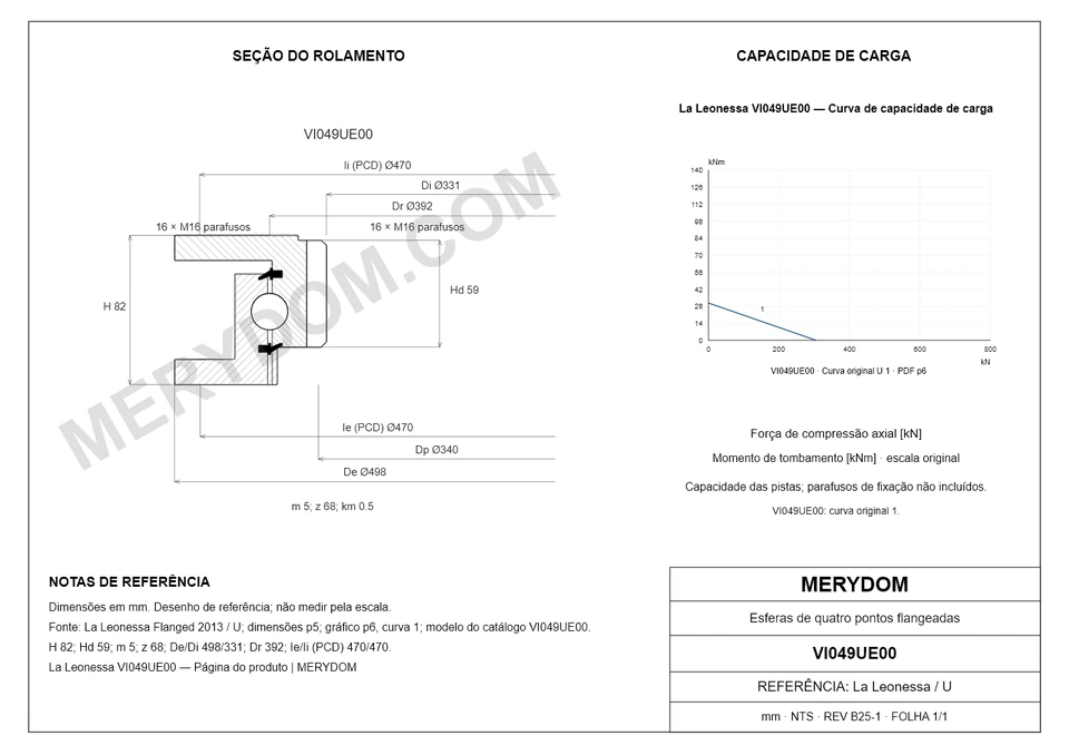 Desenho CAD do rolamento de giro de substituição MERYDOM para La Leonessa VI049UE00, com dimensões e furos de montagem.