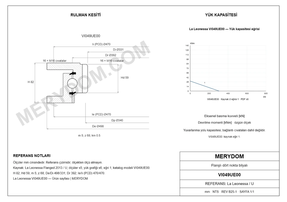 La Leonessa VI049UE00 için MERYDOM muadil döner tabla rulmanının ölçüleri ve montaj deliklerini gösteren CAD çizimi.