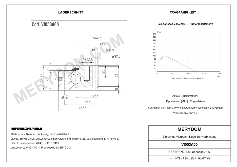 CAD-Zeichnung des MERYDOM-Ersatzdrehkranzes für La Leonessa VI053A00 mit Abmessungen und Befestigungsbohrungen.