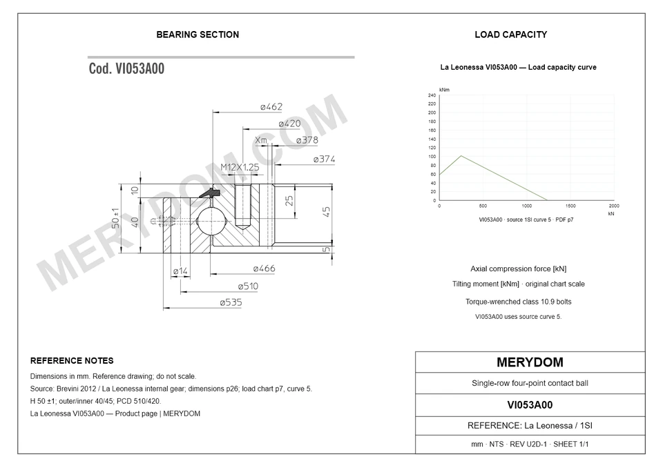 CAD drawing of the MERYDOM replacement slewing bearing for La Leonessa VI053A00, showing dimensions and mounting holes.