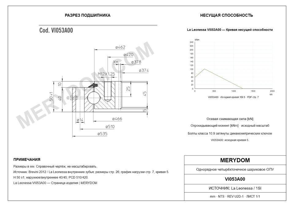 CAD-чертёж опорно-поворотного устройства MERYDOM для замены La Leonessa VI053A00 с размерами и монтажными отверстиями.