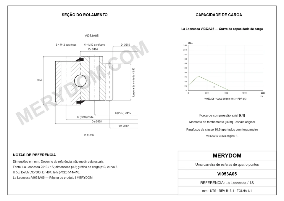Desenho CAD do rolamento de giro de substituição MERYDOM para La Leonessa VI053A05, com dimensões e furos de montagem.