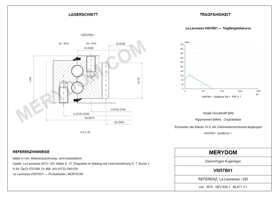 CAD-Zeichnung des MERYDOM-Ersatzdrehkranzes für La Leonessa VI057B01 mit Abmessungen und Befestigungsbohrungen.