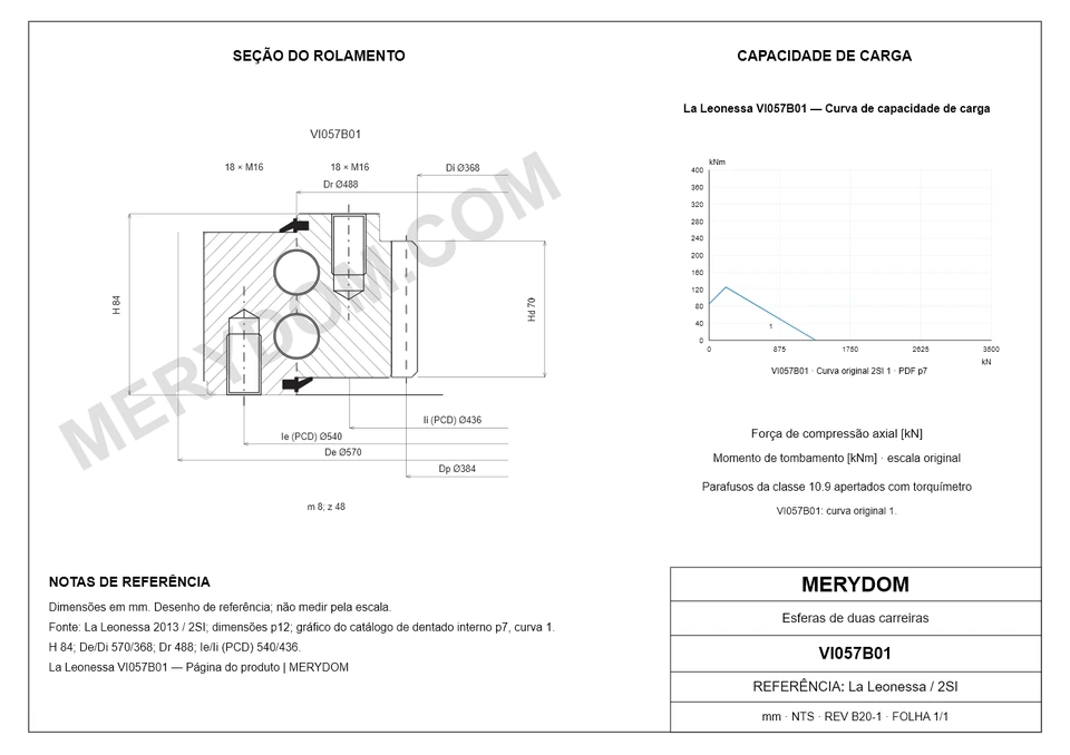 Desenho CAD do rolamento de giro de substituição MERYDOM para La Leonessa VI057B01, com dimensões e furos de montagem.