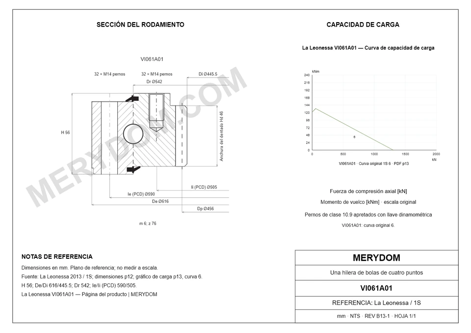 Plano CAD de la corona de giro de sustitución MERYDOM para La Leonessa VI061A01, con dimensiones y orificios de montaje.
