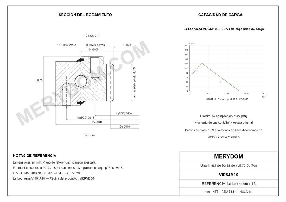Plano CAD de la corona de giro de sustitución MERYDOM para La Leonessa VI064A10, con dimensiones y orificios de montaje.