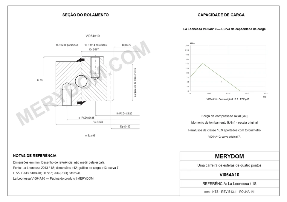 Desenho CAD do rolamento de giro de substituição MERYDOM para La Leonessa VI064A10, com dimensões e furos de montagem.