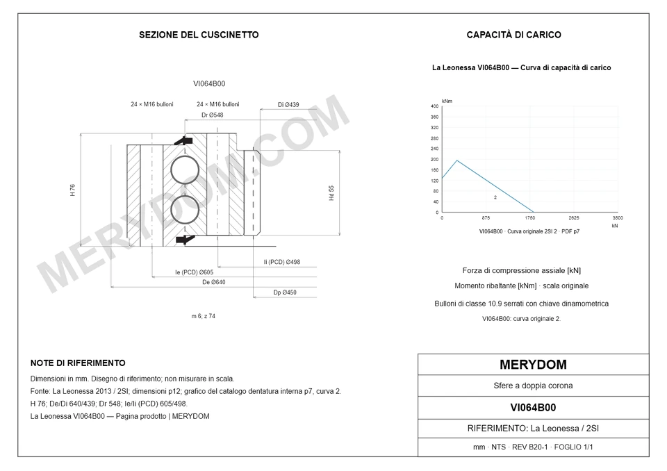 Disegno CAD del cuscinetto di rotazione sostitutivo MERYDOM per La Leonessa VI064B00, con dimensioni e fori di montaggio.