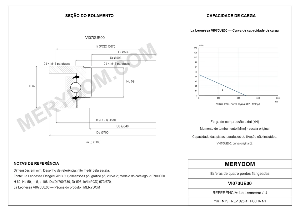 Desenho CAD do rolamento de giro de substituição MERYDOM para La Leonessa VI070UE00, com dimensões e furos de montagem.