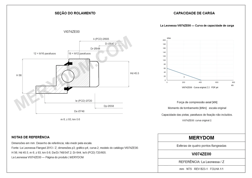 Desenho CAD do rolamento de giro de substituição MERYDOM para La Leonessa VI074ZE00, com dimensões e furos de montagem.