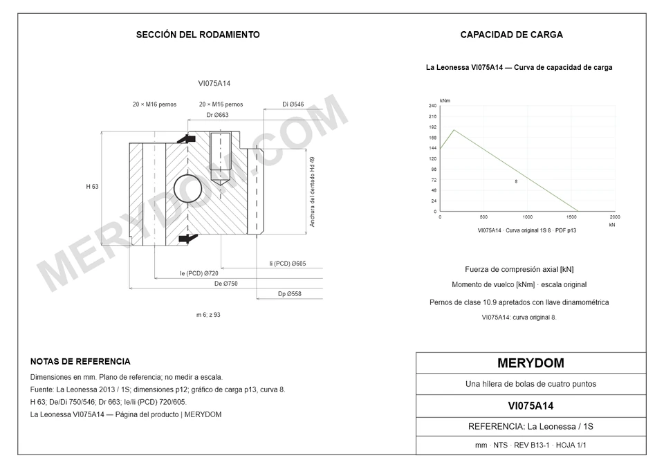 Plano CAD de la corona de giro de sustitución MERYDOM para La Leonessa VI075A14, con dimensiones y orificios de montaje.
