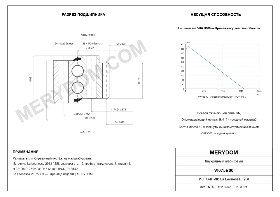 CAD-чертёж опорно-поворотного устройства MERYDOM для замены La Leonessa VI075B00 с размерами и монтажными отверстиями.