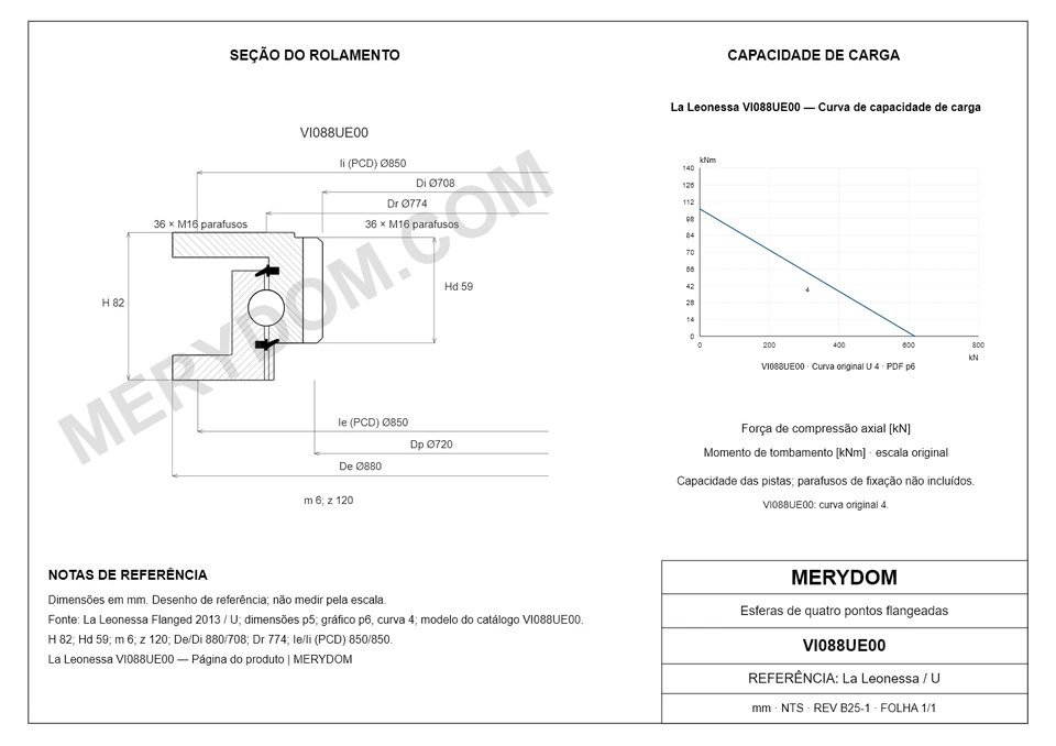 Desenho CAD do rolamento de giro de substituição MERYDOM para La Leonessa VI088UE00, com dimensões e furos de montagem.