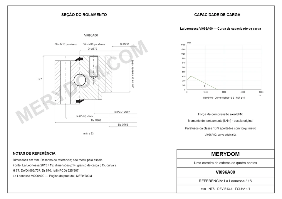Desenho CAD do rolamento de giro de substituição MERYDOM para La Leonessa VI096A00, com dimensões e furos de montagem.