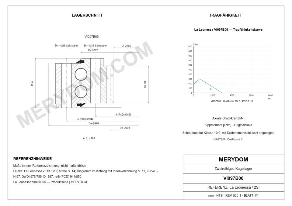 CAD-Zeichnung des MERYDOM-Ersatzdrehkranzes für La Leonessa VI097B06 mit Abmessungen und Befestigungsbohrungen.
