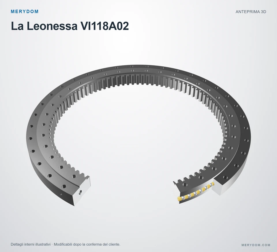 Anteprima del modello 3D del cuscinetto di rotazione sostitutivo MERYDOM per La Leonessa VI118A02.