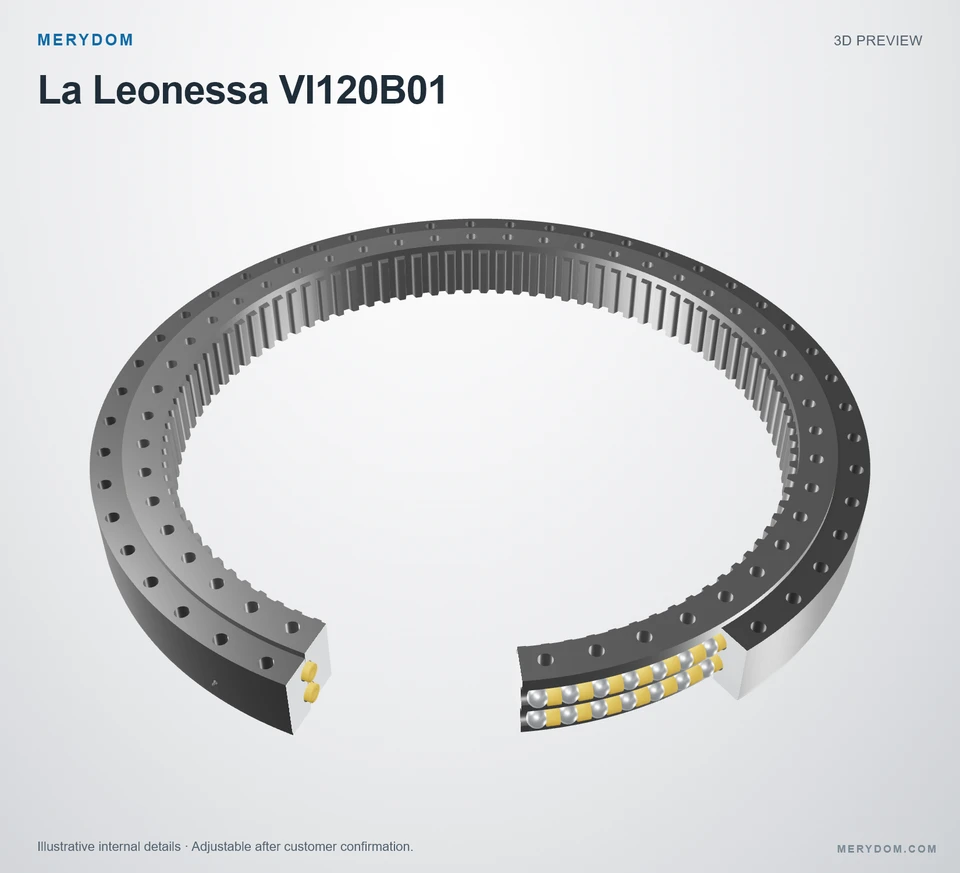 3D model preview of the MERYDOM replacement slewing bearing for La Leonessa VI120B01.