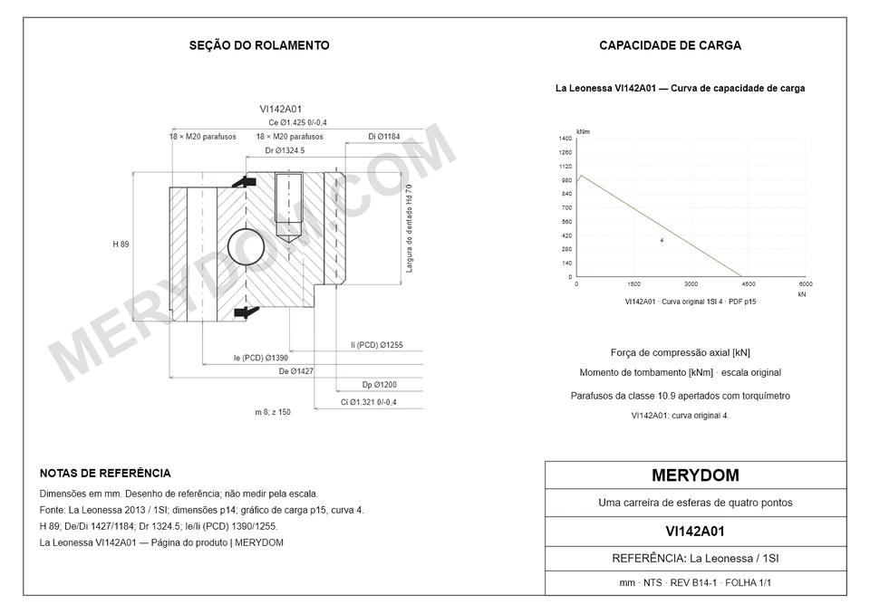 Desenho CAD do rolamento de giro de substituição MERYDOM para La Leonessa VI142A01, com dimensões e furos de montagem.