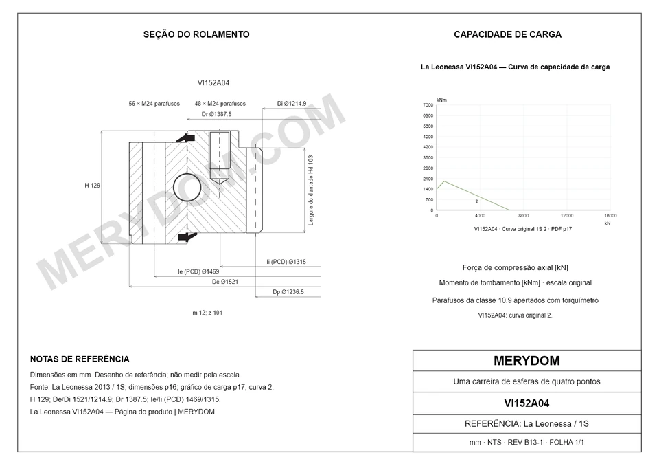 Desenho CAD do rolamento de giro de substituição MERYDOM para La Leonessa VI152A04, com dimensões e furos de montagem.