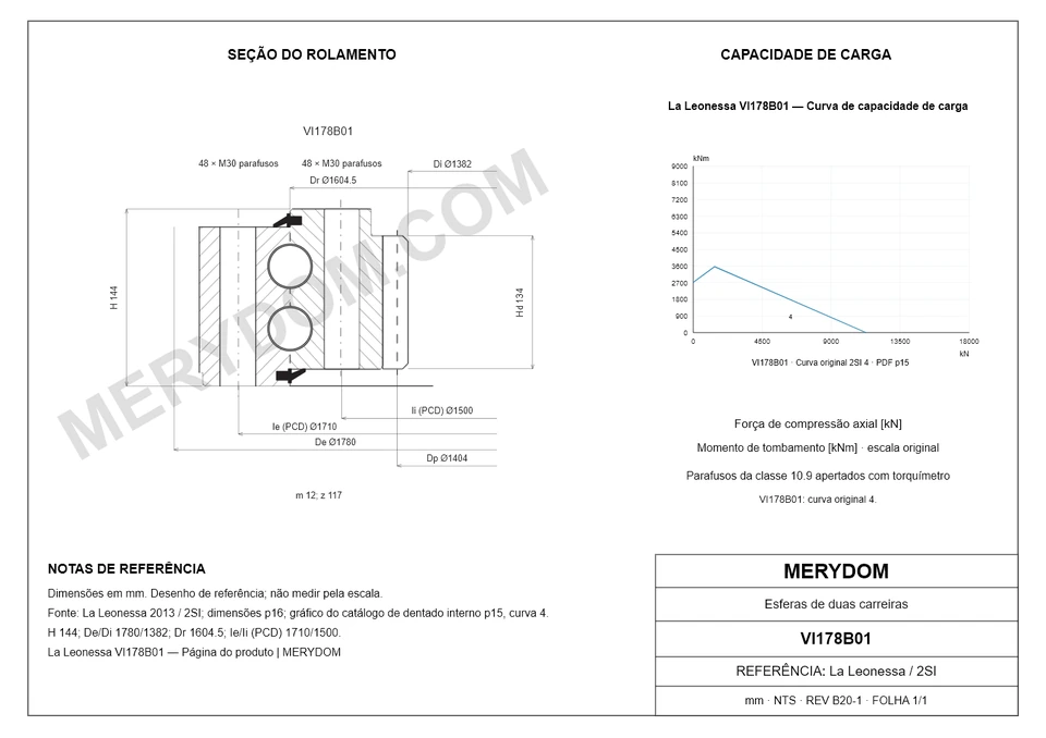 Desenho CAD do rolamento de giro de substituição MERYDOM para La Leonessa VI178B01, com dimensões e furos de montagem.
