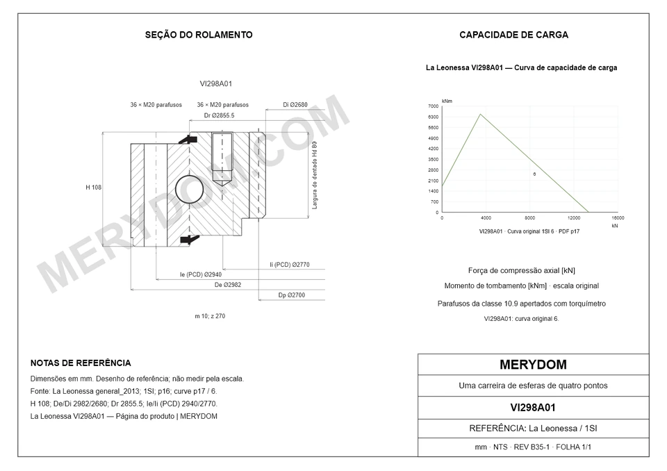 Desenho CAD do rolamento de giro de substituição MERYDOM para La Leonessa VI298A01, com dimensões e furos de montagem.
