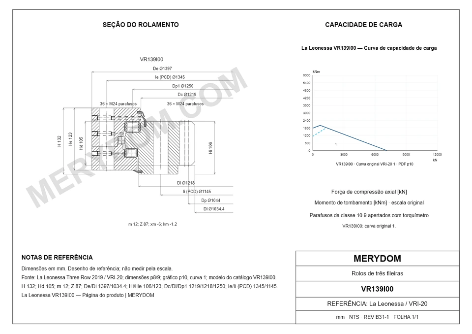 Desenho CAD do rolamento de giro de substituição MERYDOM para La Leonessa VR139I00, com dimensões e furos de montagem.