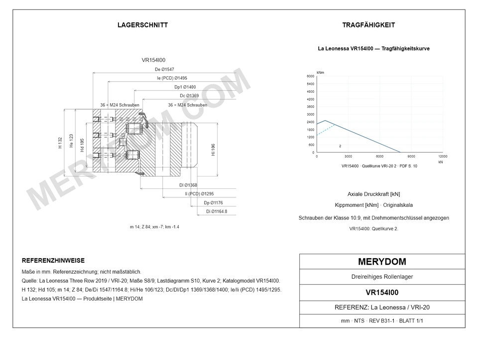 CAD-Zeichnung des MERYDOM-Ersatzdrehkranzes für La Leonessa VR154I00 mit Abmessungen und Befestigungsbohrungen.
