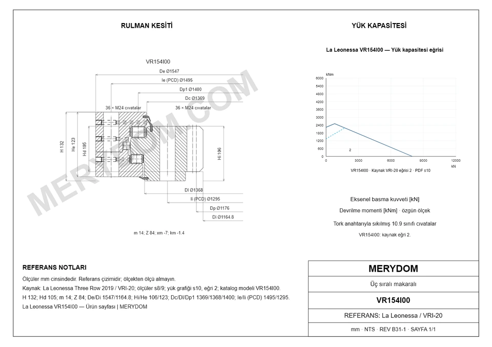 La Leonessa VR154I00 için MERYDOM muadil döner tabla rulmanının ölçüleri ve montaj deliklerini gösteren CAD çizimi.