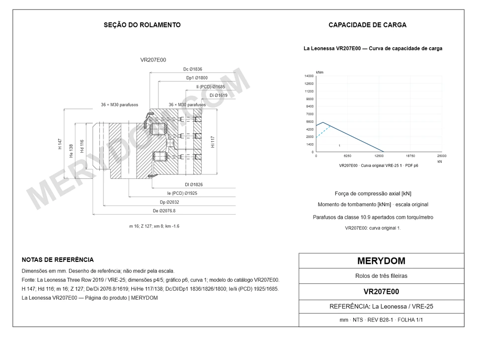 Desenho CAD do rolamento de giro de substituição MERYDOM para La Leonessa VR207E00, com dimensões e furos de montagem.