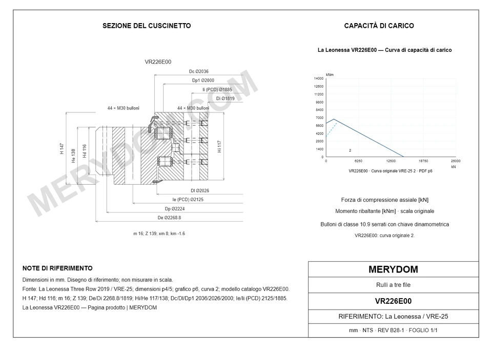 Disegno CAD del cuscinetto di rotazione sostitutivo MERYDOM per La Leonessa VR226E00, con dimensioni e fori di montaggio.