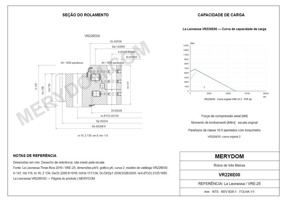 Desenho CAD do rolamento de giro de substituição MERYDOM para La Leonessa VR226E00, com dimensões e furos de montagem.