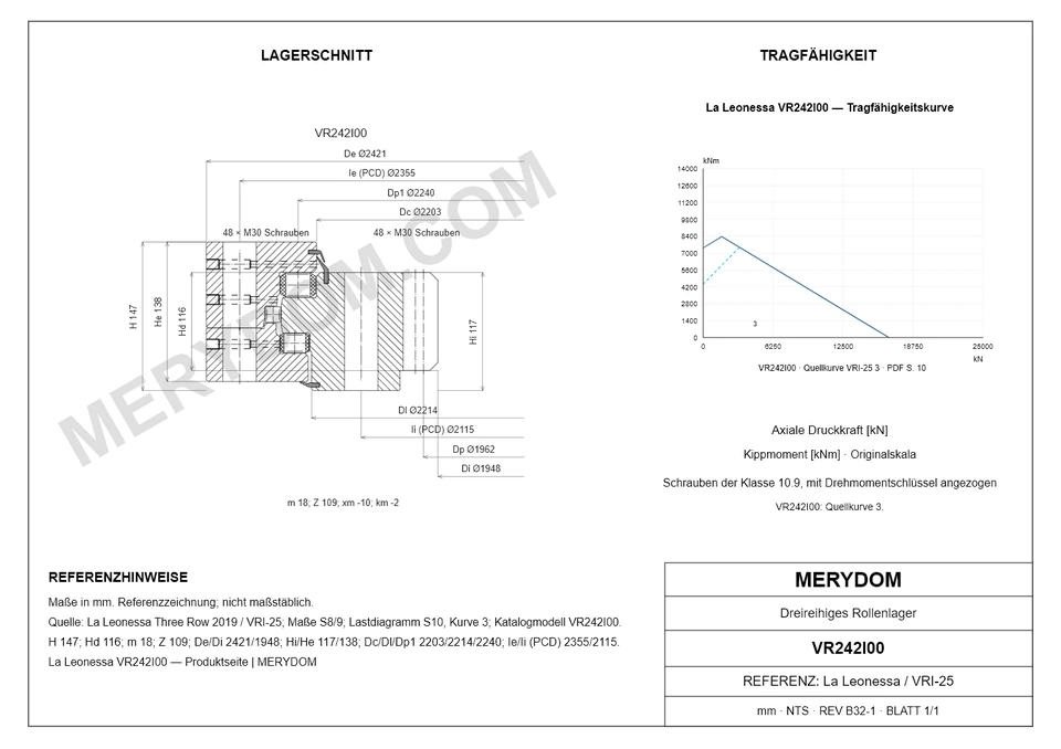 CAD-Zeichnung des MERYDOM-Ersatzdrehkranzes für La Leonessa VR242I00 mit Abmessungen und Befestigungsbohrungen.