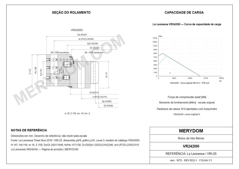 Desenho CAD do rolamento de giro de substituição MERYDOM para La Leonessa VR242I00, com dimensões e furos de montagem.