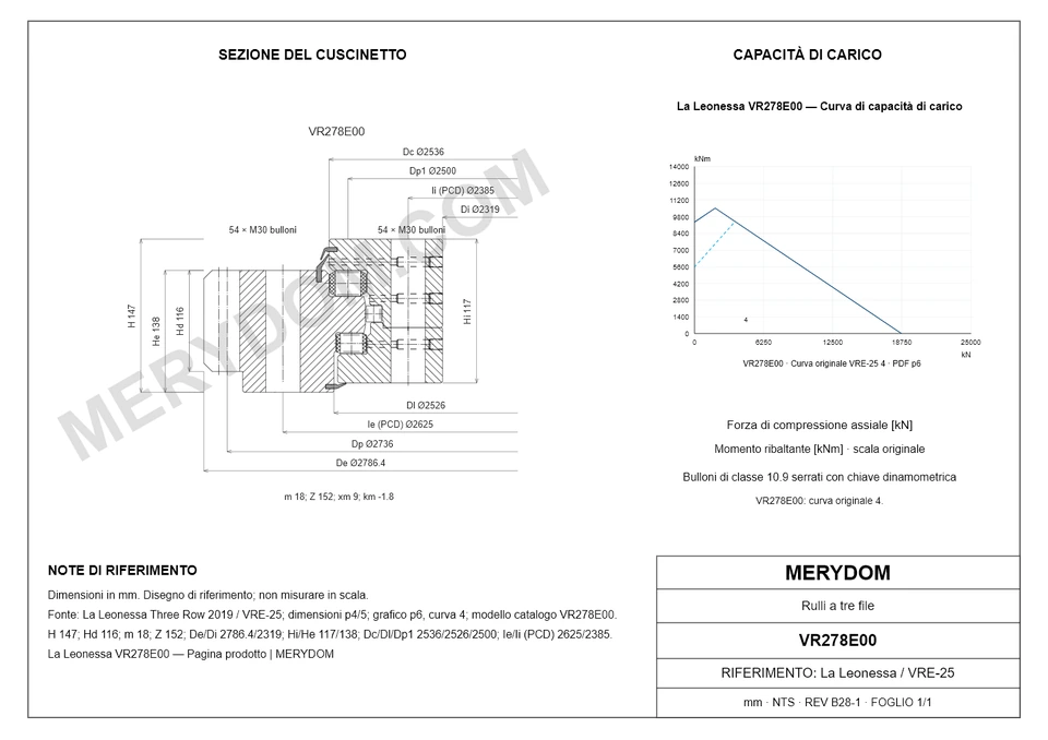 Disegno CAD del cuscinetto di rotazione sostitutivo MERYDOM per La Leonessa VR278E00, con dimensioni e fori di montaggio.