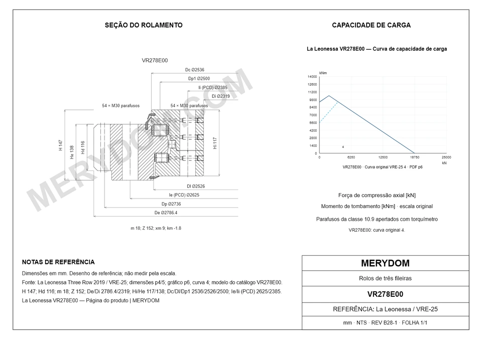 Desenho CAD do rolamento de giro de substituição MERYDOM para La Leonessa VR278E00, com dimensões e furos de montagem.