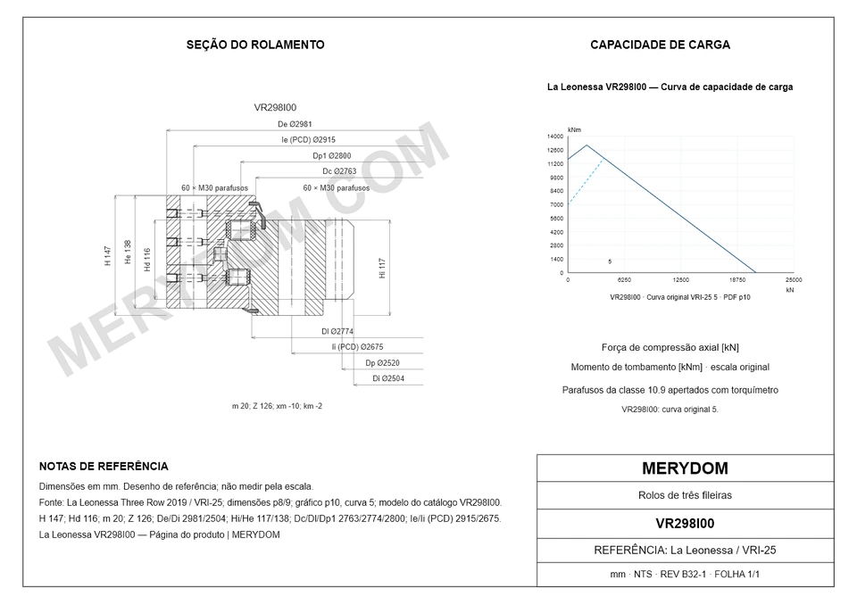 Desenho CAD do rolamento de giro de substituição MERYDOM para La Leonessa VR298I00, com dimensões e furos de montagem.