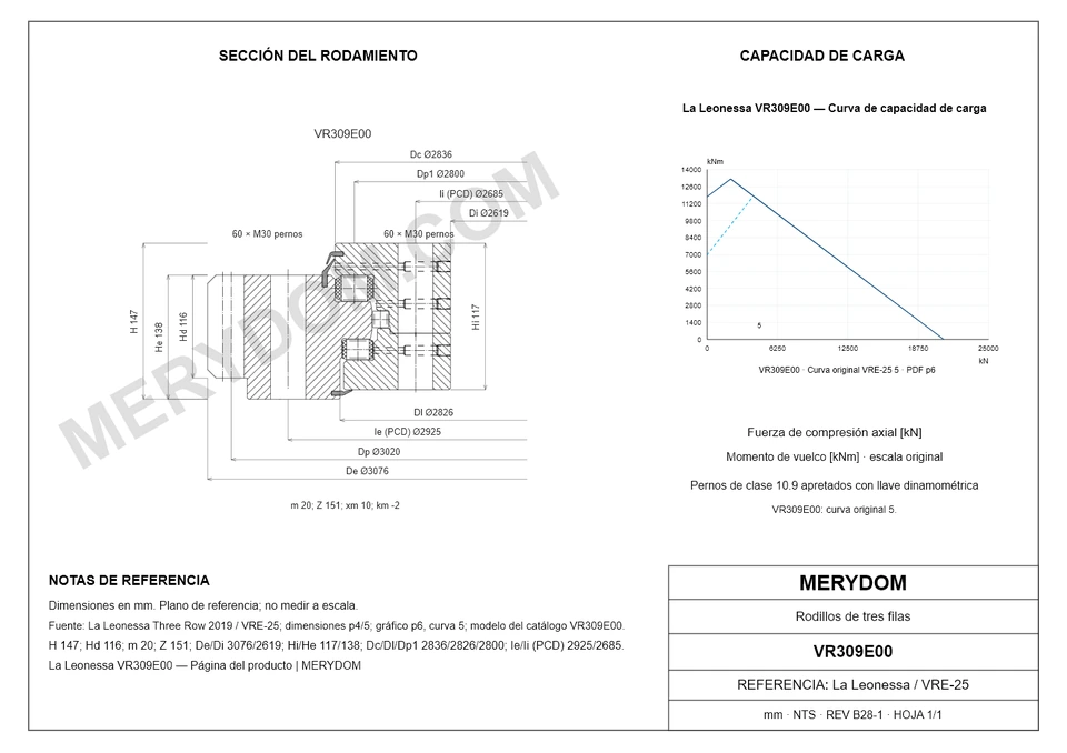 Plano CAD de la corona de giro de sustitución MERYDOM para La Leonessa VR309E00, con dimensiones y orificios de montaje.
