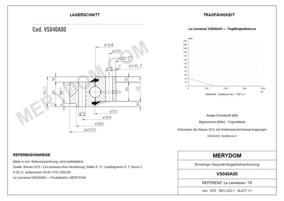 CAD-Zeichnung des MERYDOM-Ersatzdrehkranzes für La Leonessa VS040A00 mit Abmessungen und Befestigungsbohrungen.