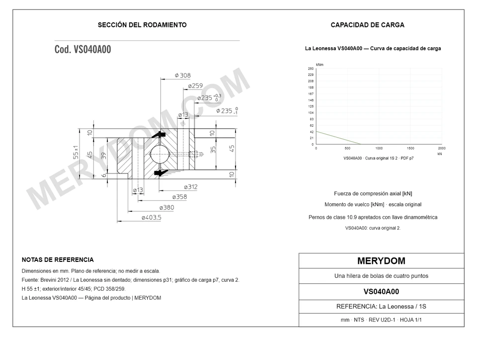 Plano CAD de la corona de giro de sustitución MERYDOM para La Leonessa VS040A00, con dimensiones y orificios de montaje.