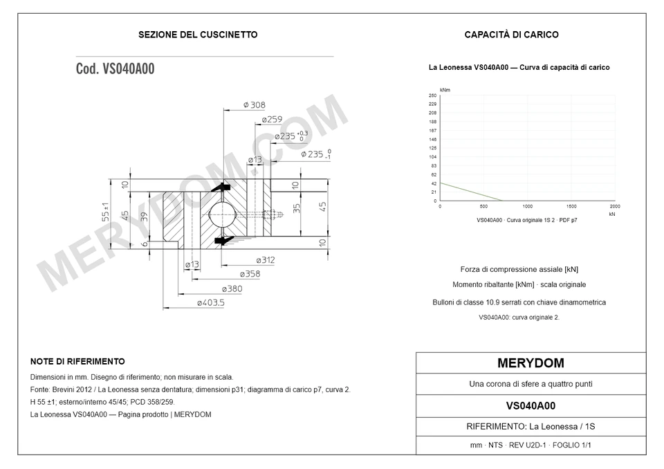 Disegno CAD del cuscinetto di rotazione sostitutivo MERYDOM per La Leonessa VS040A00, con dimensioni e fori di montaggio.