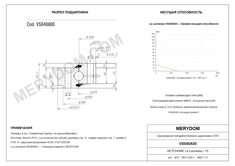 CAD-чертёж опорно-поворотного устройства MERYDOM для замены La Leonessa VS040A00 с размерами и монтажными отверстиями.