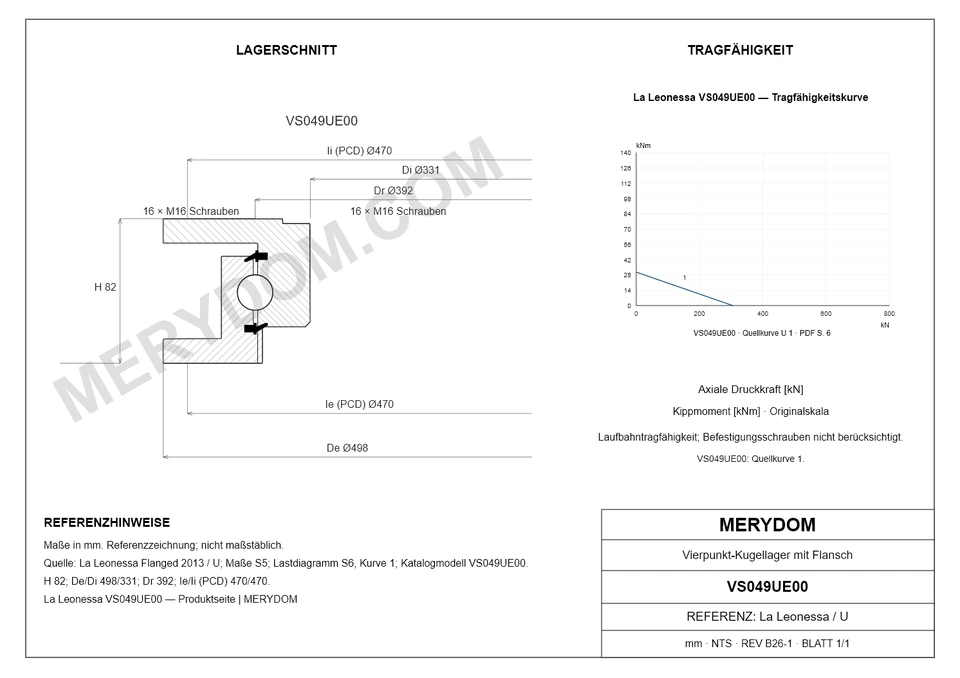 CAD-Zeichnung des MERYDOM-Ersatzdrehkranzes für La Leonessa VS049UE00 mit Abmessungen und Befestigungsbohrungen.